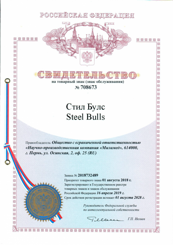 Certificate for Trademark “Steel Bulls”